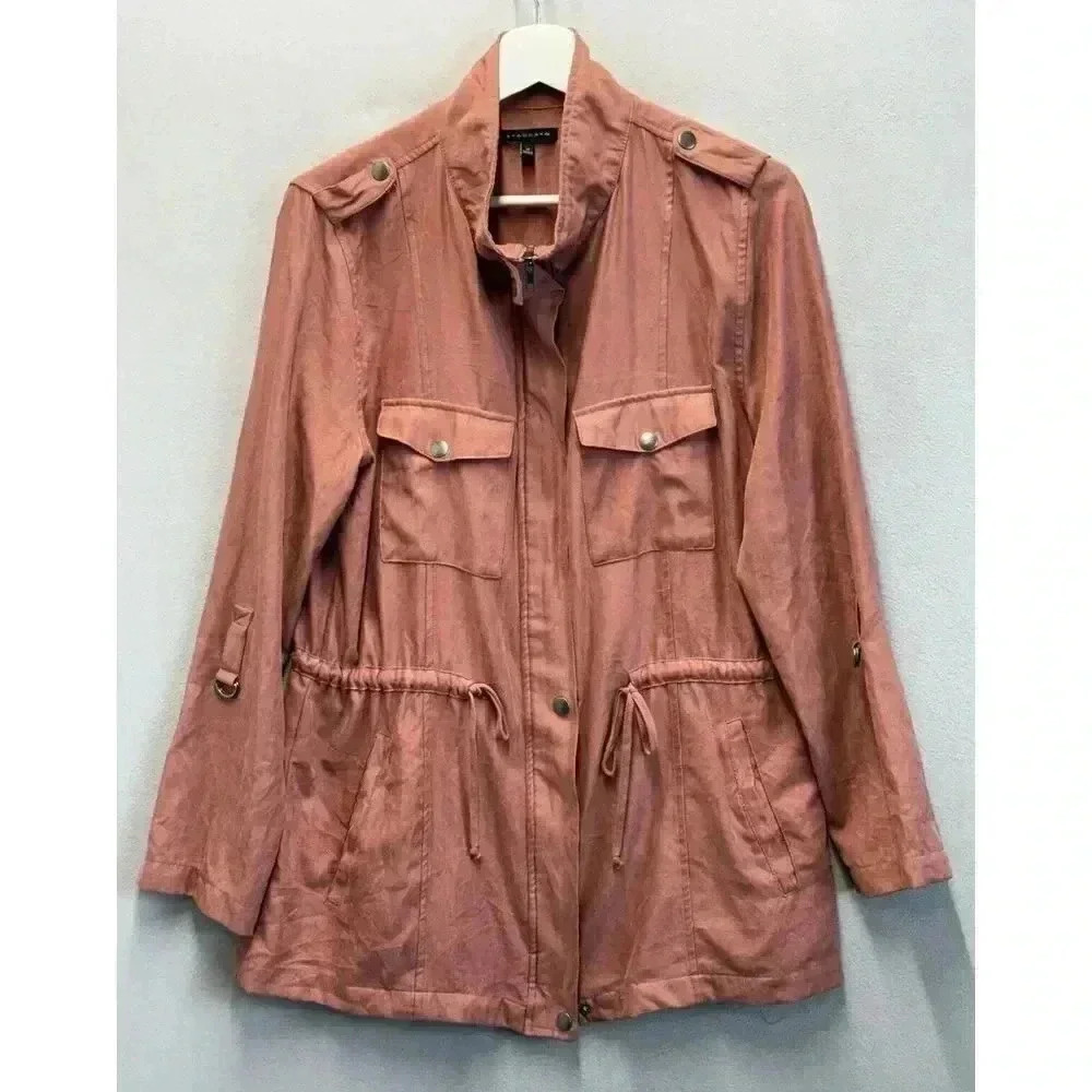Staccato Women's Sz M Coral Pink Lightweight Rolled Tab Sleeve Utility Jacket